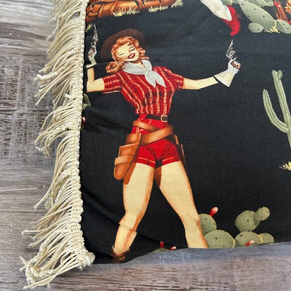 Handmade Western Cowgirl Pin-Up Pillow Black Fringe Novelty Vintage Style Decor - Picture 2 of 6